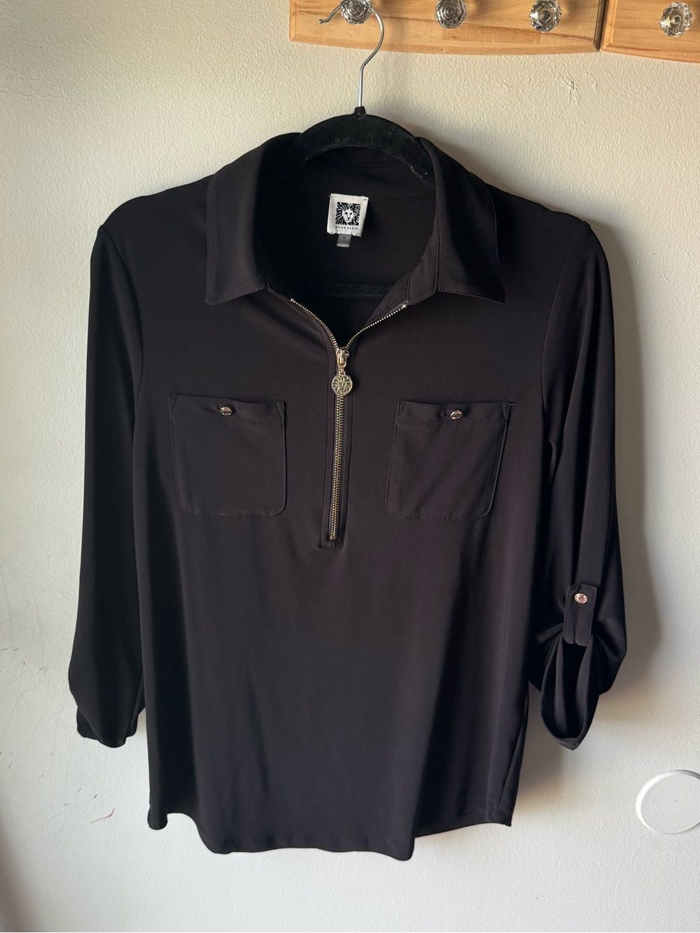 Anne Klein Womens Black Half Zip Blouse Size Medium Gold Hardware NWOT